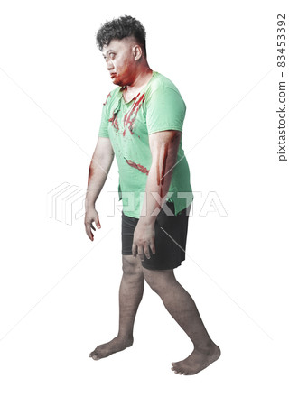 Scary zombie with blood and wound on his body standing Scary zombie with blood and wound on his body standing 83453392