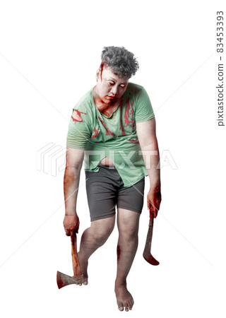 Scary zombie with blood and wound on his body holding ax and sickle standing Scary zombie with blood and wound on his body holding ax and sickle standing 83453393