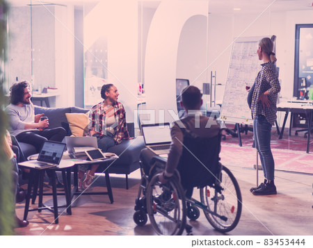 Pregnant Businesswoman Leads Creative Meeting Of Business Team In Modern Coworking open Space Office Pregnant Businesswoman Leads Creative Meeting Of Business Team In Modern Coworking open Space Office 83453444