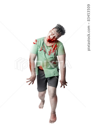 Scary zombie with blood and wound on his body standing Scary zombie with blood and wound on his body standing 83453509