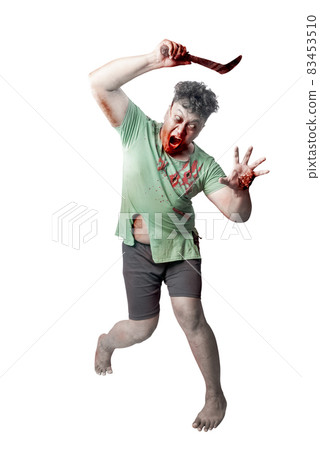 Scary zombie with blood and wound on his body holding sickle standing Scary zombie with blood and wound on his body holding sickle standing 83453510