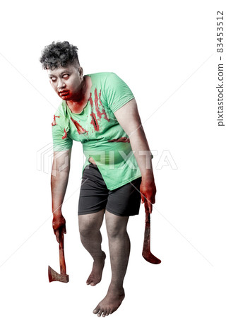 Scary zombie with blood and wound on his body holding ax and sickle standing Scary zombie with blood and wound on his body holding ax and sickle standing 83453512