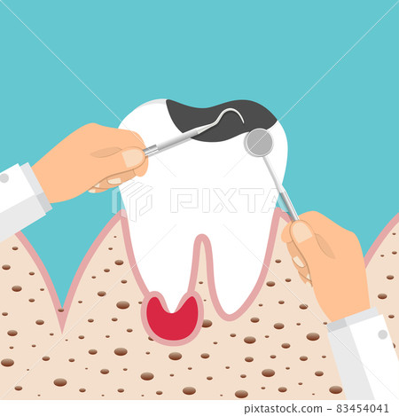 Dentist holding instruments and examining patient teeth. Teeth examination dentistry concept. 83454041