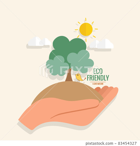 ECO FRIENDLY. Ecology concept with hand holding... - Stock Illustration ...