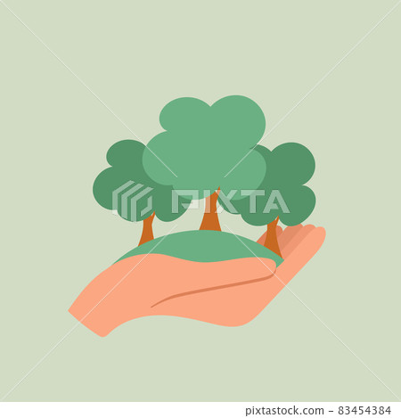 ECO FRIENDLY. Ecology concept with hand holding tree. Vector illustration. 83454384