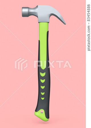 Black and green hammer with a rubberized handle isolated on pink background 83454886