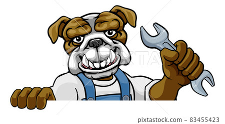 Bulldog Plumber Or Mechanic Holding Spanner Bulldog Plumber Or Mechanic Holding Spanner 83455423
