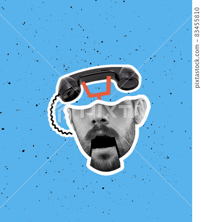 Modern design, contemporary art collage. Inspiration, idea, trendy urban magazine style. Human, male head like retro vintage phone 83455810