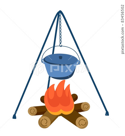 Bonfire with a pot in hiking, traveling. Cooking in nature and over an open fire. Vector illustration. Bonfire with a pot in hiking, traveling. Cooking in nature and over an open fire. Vector illustration. 83456502
