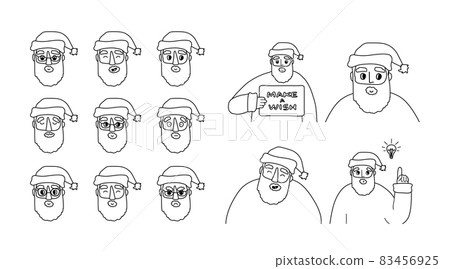 Set of black white contour Santa Claus emotions, avatars. Hand drawn vector illustrations isolated on white background. New idea, board with text, laughter, laugh concepts Set of black white contour Santa Claus emotions, avatars. Hand drawn vector illustrations isolated on white background. New idea, board with text, laughter, laugh concepts 83456925