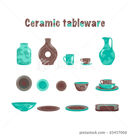 Set of glossy kitchenware ceramic dishes for home cooking, restaurant and cafe. Handmade crockery, design elements in flat vector style 83457008