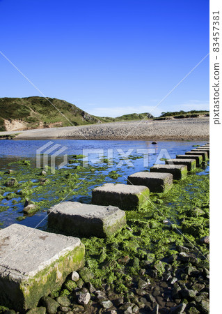 Stepping Stones at Three Cliffs Bay beach on the Gower Peninsular West Glamorgan Wales UK, which is a popular Welsh coastline travel destination 83457381