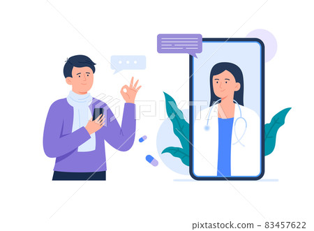A sick man on online consultation with a doctor. Online medical services, consultation and telemedicine concept. Vector flat illustration. A sick man on online consultation with a doctor. Online medical services, consultation and telemedicine concept. Vector flat illustration. 83457622