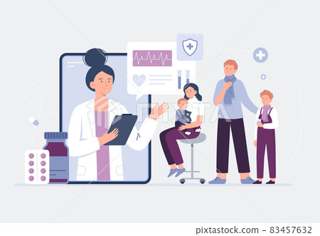 Modern family on online consultation with a therapist. Online medical services, consultation and telemedicine concept. Vector flat illustration. Modern family on online consultation with a therapist. Online medical services, consultation and telemedicine concept. Vector flat illustration. 83457632