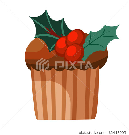 Christmas and new year colorful clipart with Christmas cupcake and berries. Bright vector decor for web and print. Christmas and new year colorful clipart with Christmas cupcake and berries. Bright vector decor for web and print. 83457905