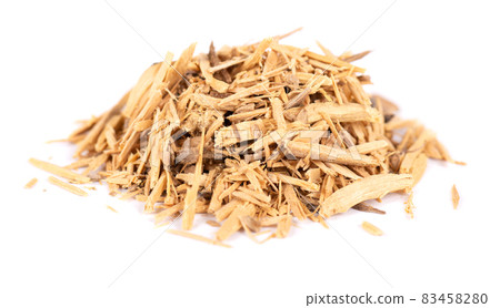 Muira Puama herbal tea, isolated on white background. Natural potency wood, medicinal plant, dry tea. Ptychopetalum olacoides. 83458280
