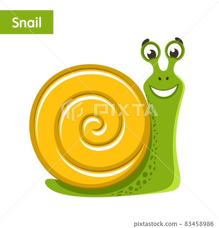 Smiling green snail with yellow shell. Funny cartoon character on white background. Flat design. Isolated object. Colorful vector illustration for kids. 83458986