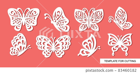 Set of openwork butterflies. Template for laser cut, wood carving, paper cutting and printing. Vector illustration. 83460182