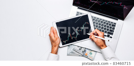 Shares stockmarket. Finance application for sell, buy and analysis profit dividend statistics. Investment business technology app on digital screen. Business graph background with copy space. 83460715