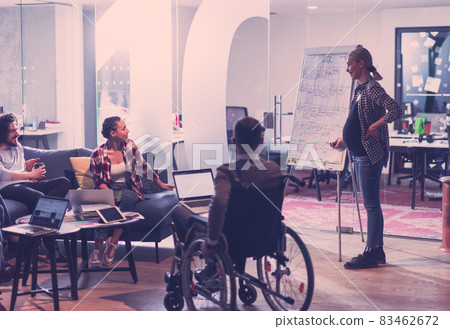 Pregnant Businesswoman Leads Creative Meeting Of Business Team In Modern Coworking open Space Office Pregnant Businesswoman Leads Creative Meeting Of Business Team In Modern Coworking open Space Office 83462672