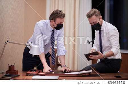 business people wearing crona virus protection face mask on meeting business people wearing crona virus protection face mask on meeting 83463158