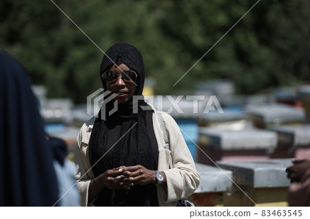 african muslim businesswoman portrait on small local honey production farm african muslim businesswoman portrait on small local honey production farm 83463545