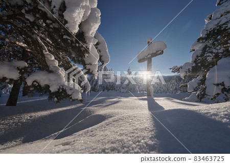 wooden cross covered with fresh snow at beautiful fresh winter morning wooden cross covered with fresh snow at beautiful fresh winter morning 83463725
