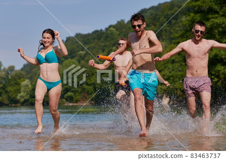 group of happy friends having fun on river group of happy friends having fun on river 83463737