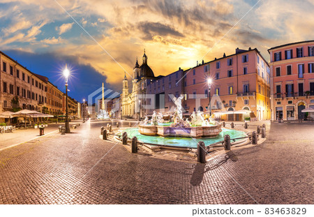 Fountain of Neptune in Piazza Navona at sunset, Rome, Italy 83463829