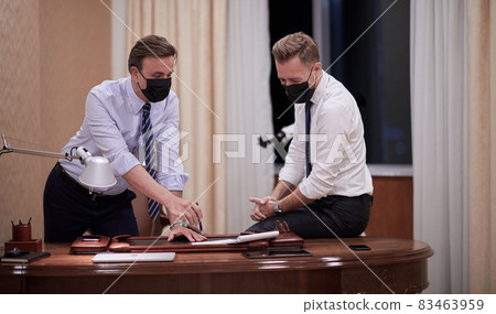 business people wearing crona virus protection face mask on meeting business people wearing crona virus protection face mask on meeting 83463959