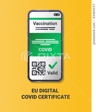 EU Digital COVID Certificate color flat element on a yellow background. EU Digital COVID Certificate color flat element on a yellow background. 83464557