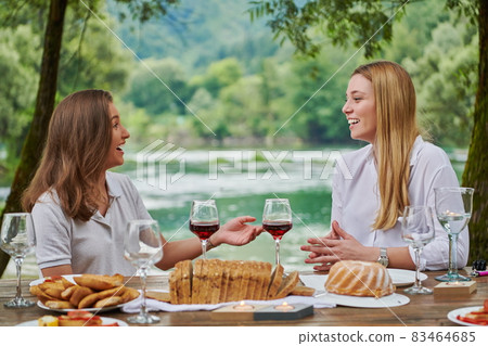 girlfriends having picnic french dinner party outdoor girlfriends having picnic french dinner party outdoor 83464685