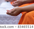 This is rite sprinkle water onto a monk , Buddha image on Songkran festival Thailand 83465514