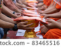 This is rite sprinkle water onto a monk , Buddha image on Songkran festival Thailand 83465516