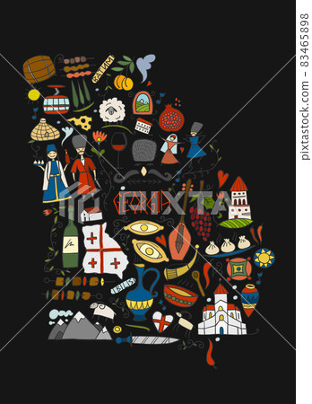 Georgia Country Map. Travel Background. Collection of design elements - food, places and dancing people. Vectrical Print for poster, t-shirts etc. 83465898