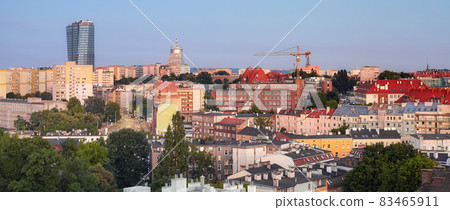 Aerial panoramic view of downtown Szczecin at sunset, Poland. Aerial panoramic view of downtown Szczecin at sunset, Poland. 83465911