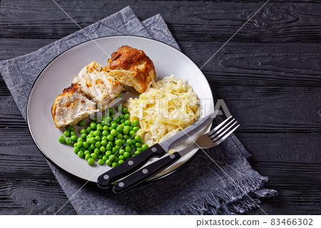 Pork loin and sauerkraut on a plate, close-up Pork loin and sauerkraut on a plate, close-up 83466302