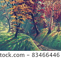Autumn magic forest landscape painting art by oil on canvas, beautiful nature park artwork illustration, fantasy sunlight, colorful red, orange and yellow leaves, beautiful trees and hills. 83466446