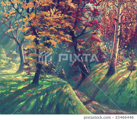 Autumn magic forest landscape painting art by oil on canvas, beautiful nature park artwork illustration, fantasy sunlight, colorful red, orange and yellow leaves, beautiful trees and hills. Autumn magic forest landscape painting art by oil on canvas, beautiful nature park artwork illustration, fantasy sunlight, colorful red, orange and yellow leaves, beautiful trees and hills. 83466446