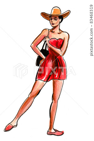 Pretty woman in red summer dress and hat. Ink and watercolour drawing Pretty woman in red summer dress and hat. Ink and watercolour drawing 83468319