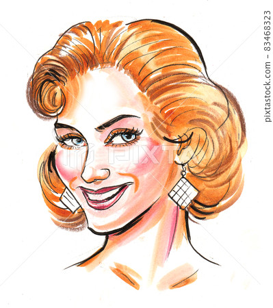 Beautiful blonde woman with diamond earrings. ink and watercolur drawing Beautiful blonde woman with diamond earrings. ink and watercolur drawing 83468323