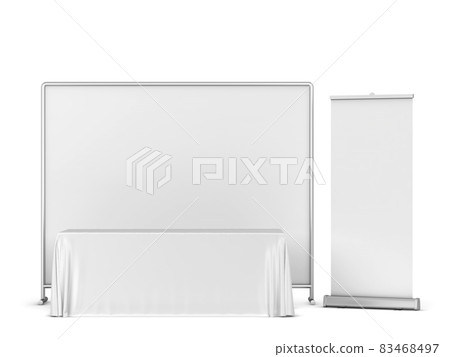 Blank tradeshow tablecloth with backdrop and rollup banners mockup Blank tradeshow tablecloth with backdrop and rollup banners mockup 83468497