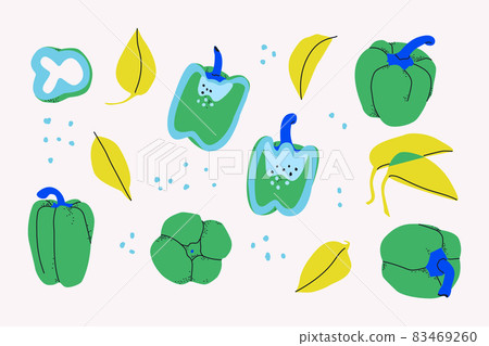 Set of decorative bell peppers, slices and leaves. Isolated on white background paprika. For design. 83469260