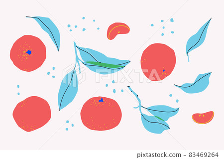 Set of decorative tangerines, slices and leaves. Isolated on white background mandarin. For design. 83469264