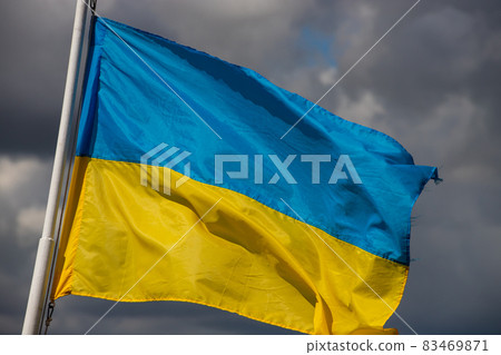 Ukraine flag waving on the wind against the blue sky Ukraine flag waving on the wind against the blue sky 83469871