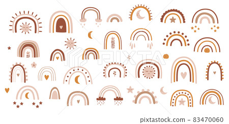 Baby rainbow set. Nusrery boho rainbow collection. Pastel rainbows symbols, cloud, moon, star, heart. Lovely baby icons. Kids clipart. Boho childish logo. Vector illustration. Gender neutral wall art. 83470060