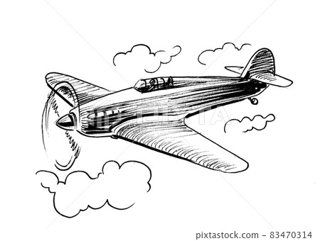 Vintage military aircraft. Ink black and white drawing 83470314