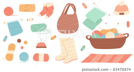 Winter knit clothes. Hygge christmas. Winter knit clothes and holiday decor fir-tree, gifts. Vector illustration EPS10 83470874