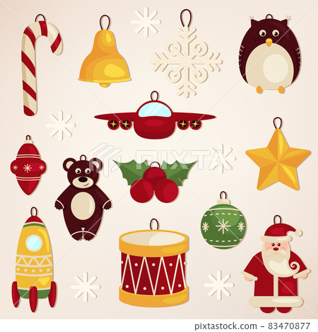 Christmas decorative toys. Big Christmas collection in vintage style with traditional Christmas and New Year elements 83470877