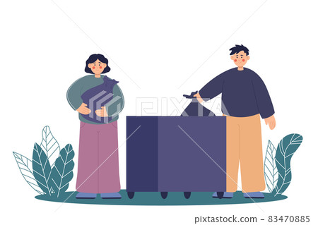 People and garbage. Cleaning city, man woman with bags for waste. Vector illustration EPS10 83470885